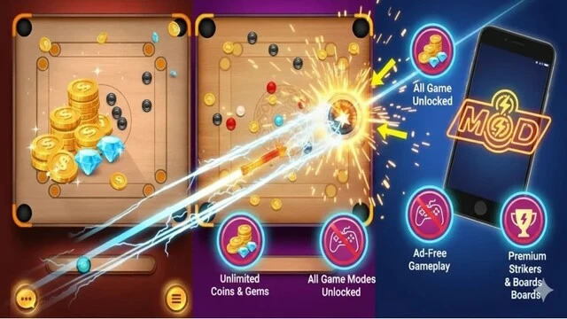 carrom pool mod apk Features like unlimited coins, gems, premium stickers and Ad-free gameplay